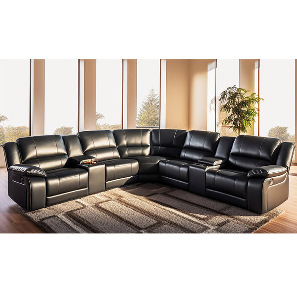 Oslo Manual Black Reclining Sectional with Consoles & Cup Holders