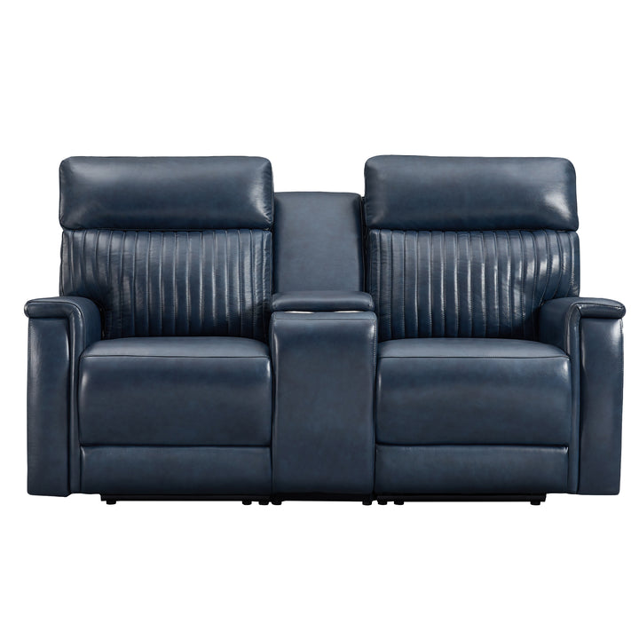 Darkblue Genuine Leather Power Recliner Loveseat