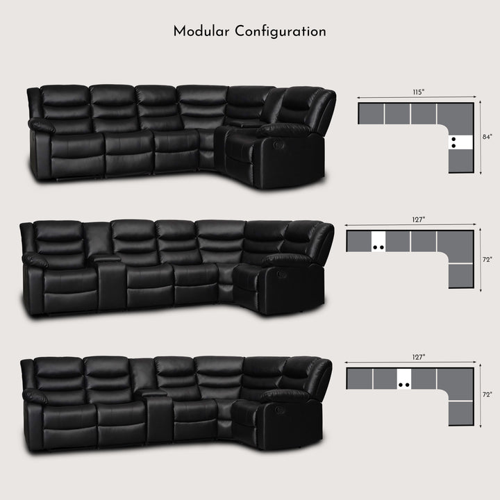 black faux leather manual recliner sectional