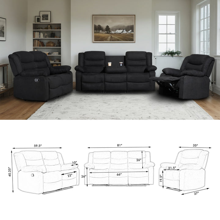 black suede manual reclining sofa set