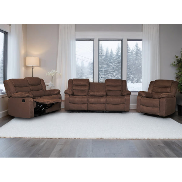 brown suede manual reclining sofa set 