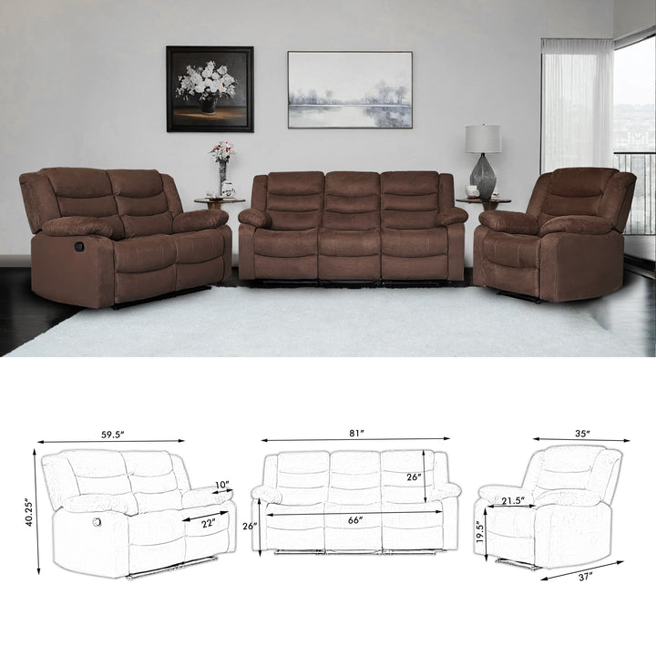 brown suede manual reclining sofa set 