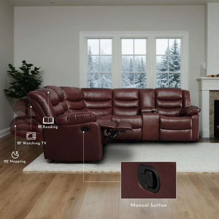 darkred faux leather manual recliner sectional