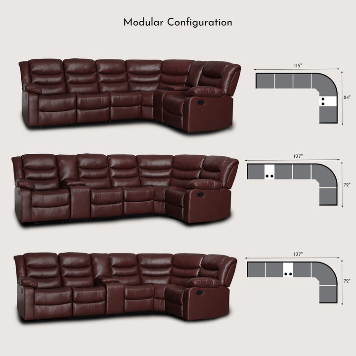 darkred faux leather manual recliner sectional e