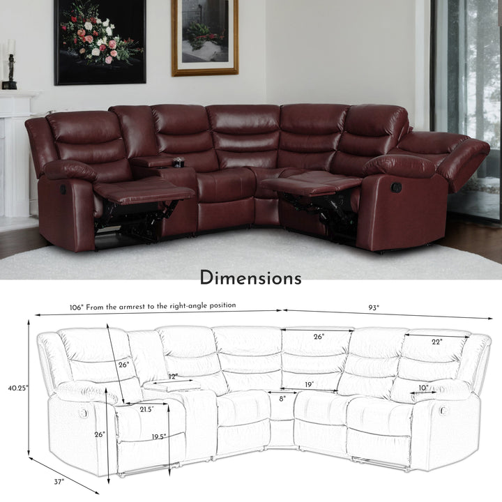 darkred faux leather manual recliner sectional